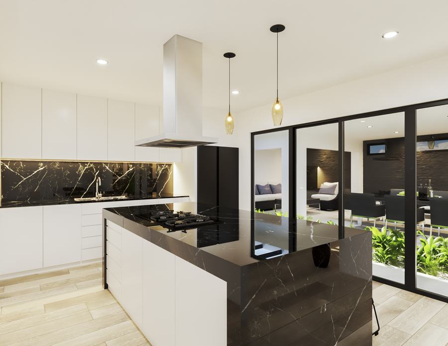 Cocina blanca con isla de mármol negro