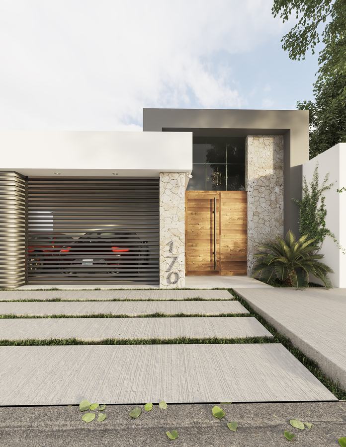 Fachada con piedra, madera y celosía