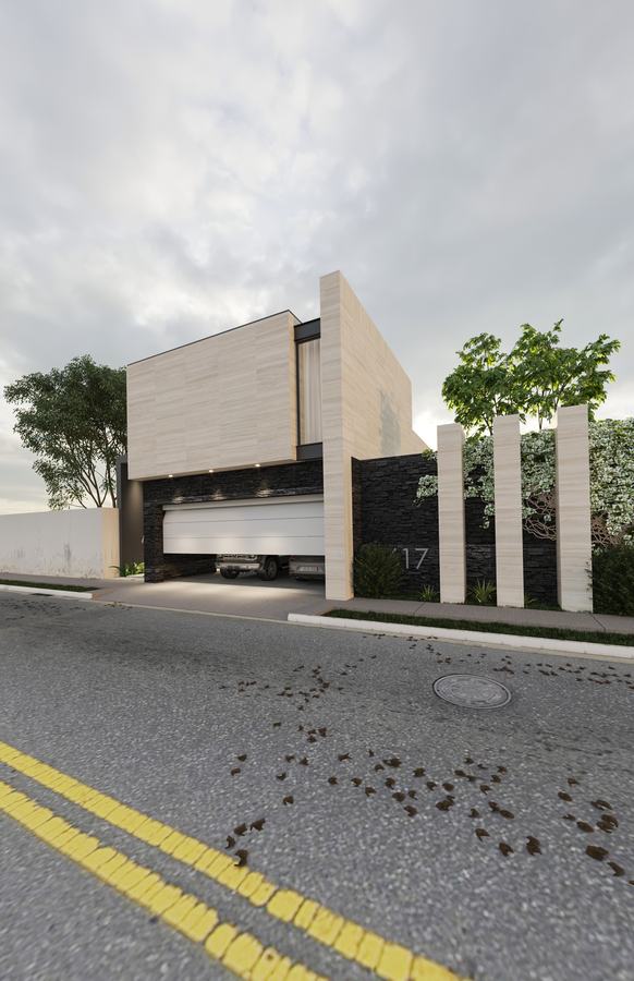 Fachada contemporánea con travertino y piedra negra