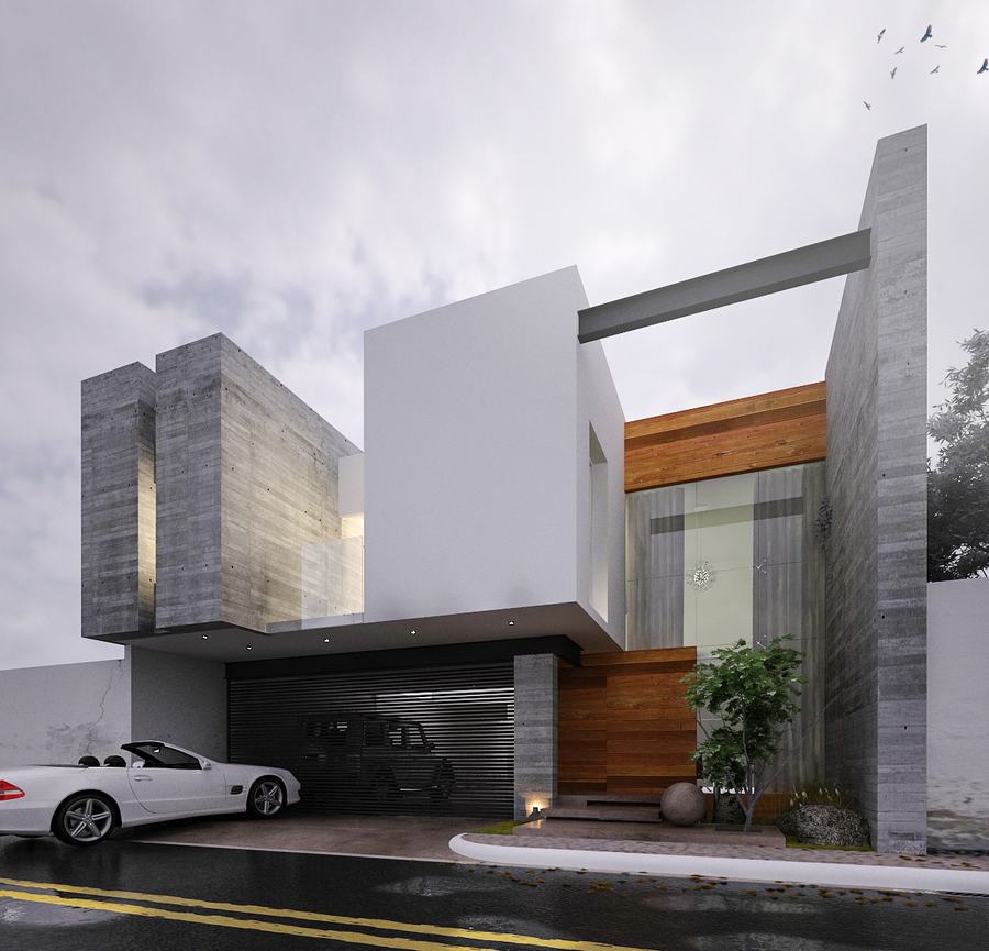 Fachada de concreto aparente con madera