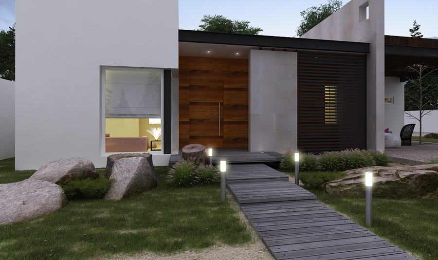 Casa de una planta con andador de madera